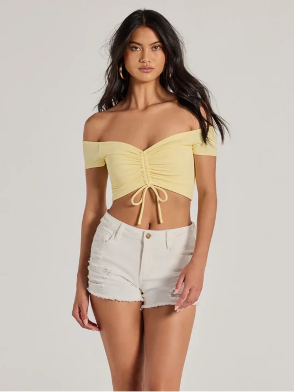 ◾️NEW! Windsor Off-Shoulder Ruched Tie-Front Crop Top in Light Yellow